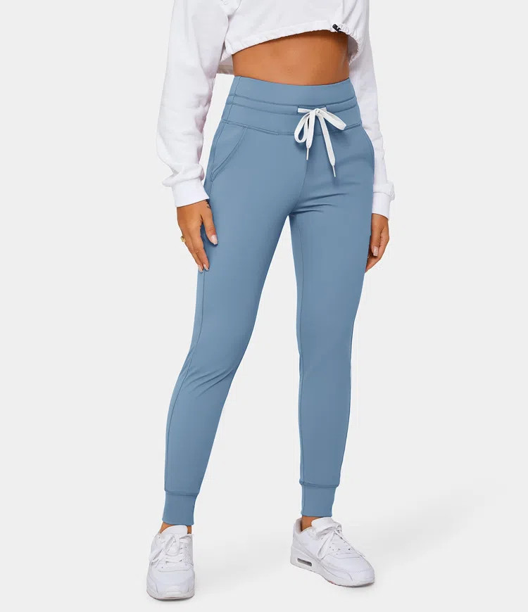 Cloudful™ Air Fabric High Waisted Drawstring Side Pocket Plain Full Length Joggers | HALARA