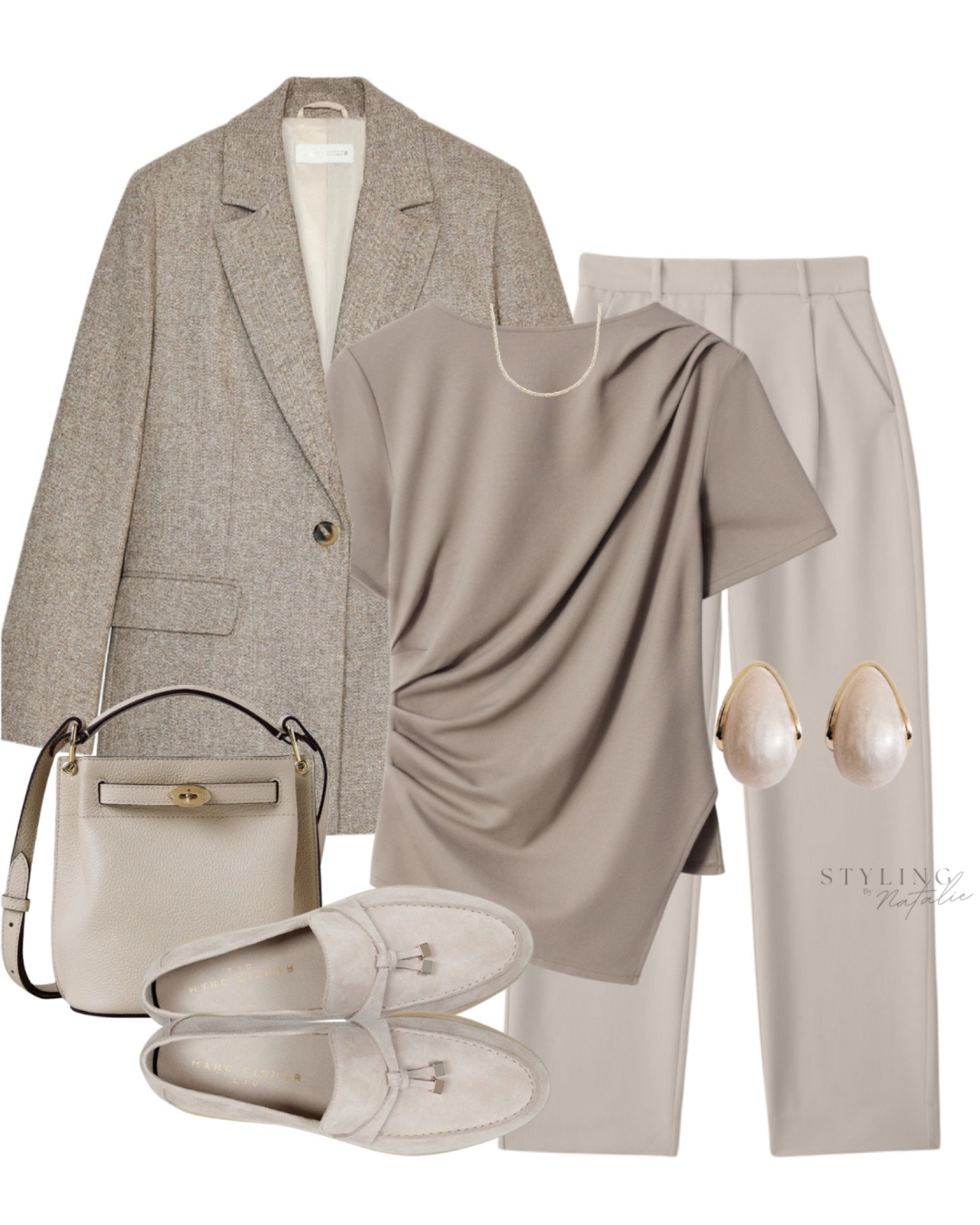 Smart casual blazer style, spring outfit, beige outfit, neutral outfit, transitional style, work wear.
Herringbone blazer, tailored trousers, draped asymmetrical top, suede loafers with charms, mulberry bucket bag, pearl earrings and necklace.

#LTKworkwear #LTKspring #LTKstyletip