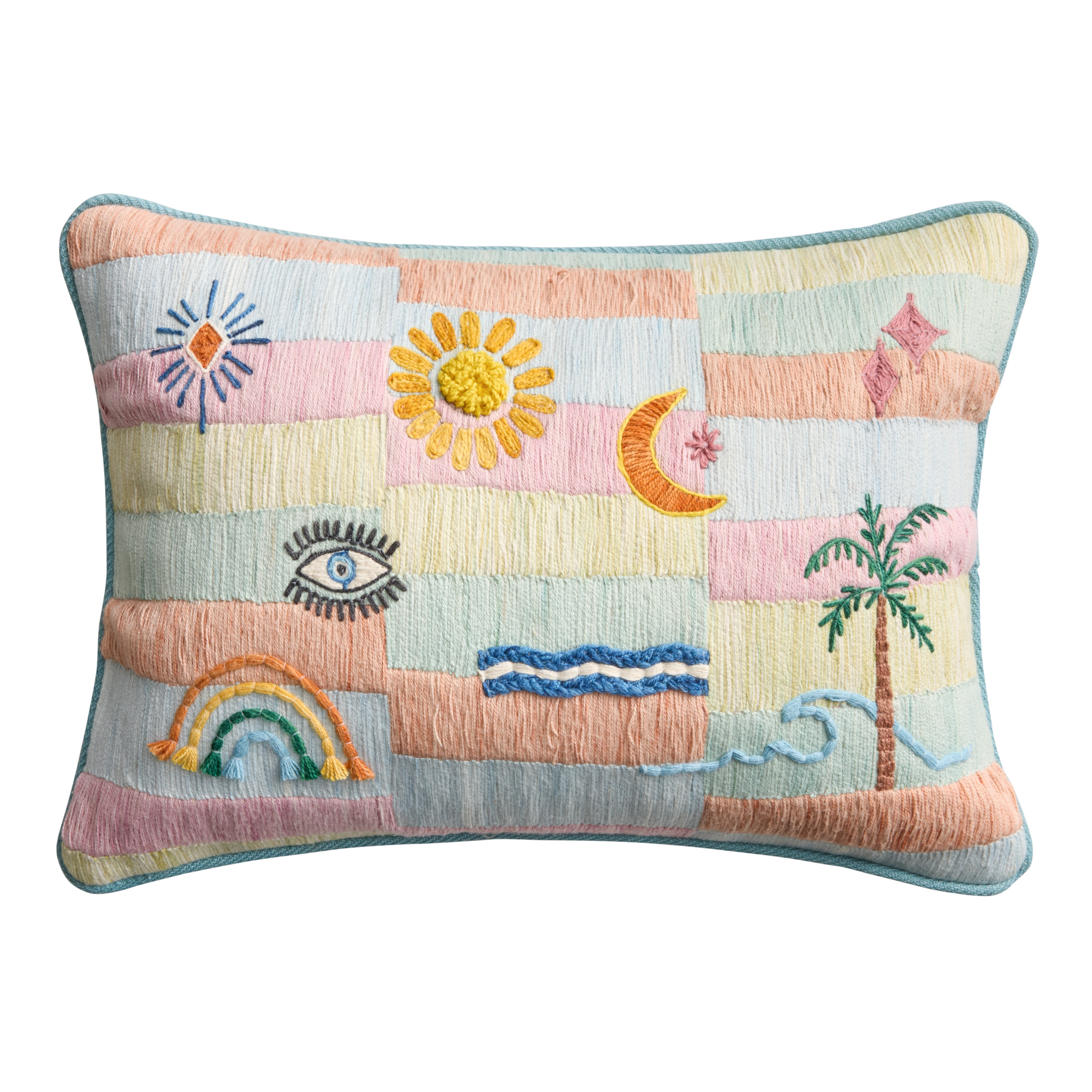 Multicolor Beach Icon Embroidered Indoor Outdoor Lumbar Pillow | World Market
