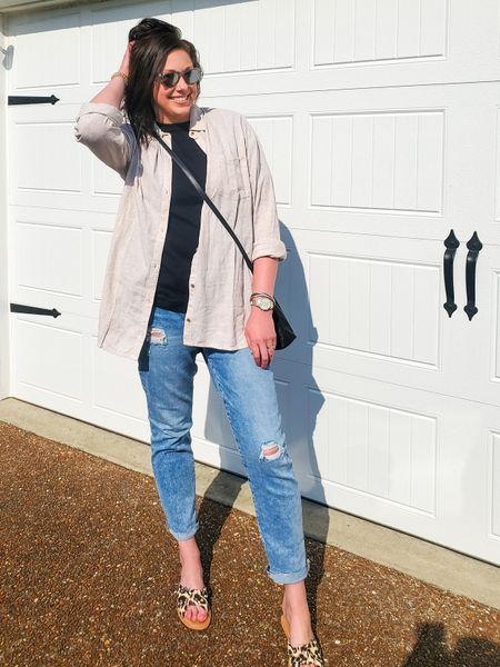 Spring outfit - perfect for running errands. Love love LOVE these jeans! Comes in Long. Boyfriend linen top is super soft, a great lightweight layer instead of a jacket or sweater. Vintage tee is also super soft, not thick or stiff at all! Sandals are sold out but I linked similar.

#LTKsalealert #LTKmidsize #LTKfindsunder50