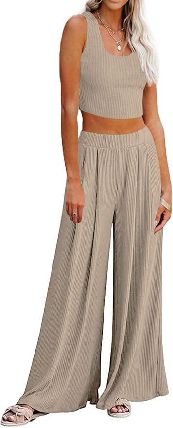 Lveberw Lounge Set Womens, Outfits Sets, Ribbed Crop Top Long Sleeve, Palazzo Pants - Loose Sweat... | Amazon (US)