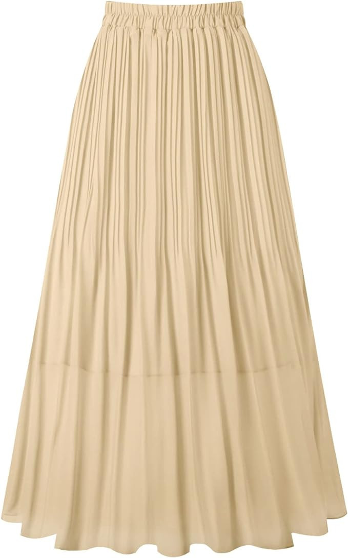 Kingfancy Women's Pleated Skirt Chiffon Elastic Waist A-Line Midi Length Skirt | Amazon (US)