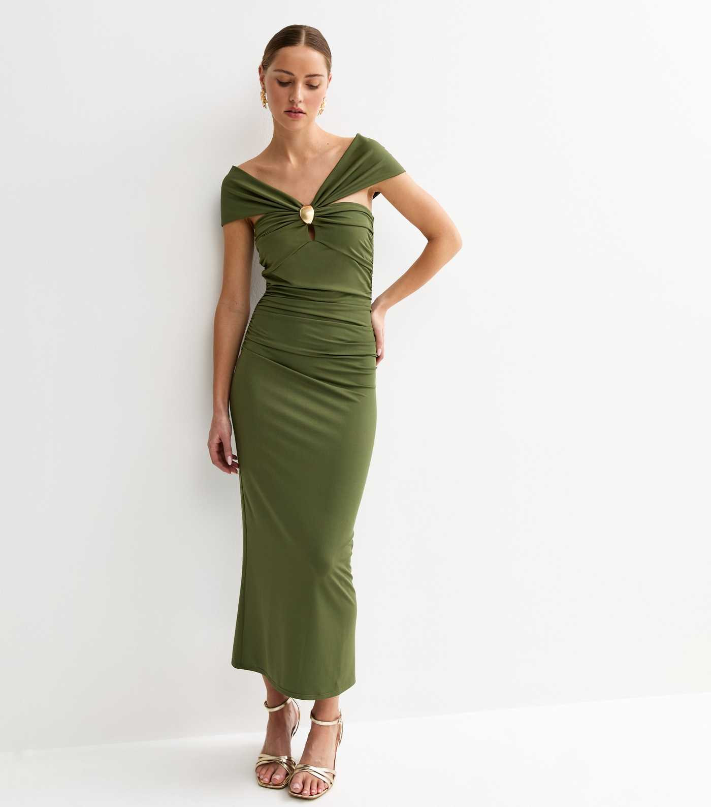 Khaki Off The Shoulder Embellishment Detail Midi Dress | New Look | New Look (UK)