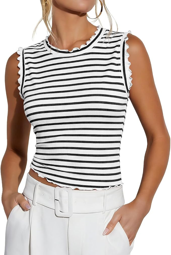 LEEDYA Women Summer Tank Tops Sleeveless Crew Neck Ruffle Shirts Ribbed Knit Slim Fitted Tee Busi... | Amazon (US)