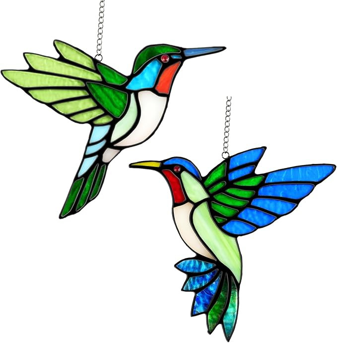 2 Packs Hummingbird Stained Glass Window Hanging Suncatchers - 6 Inch Handmade Real Glass with Co... | Amazon (US)