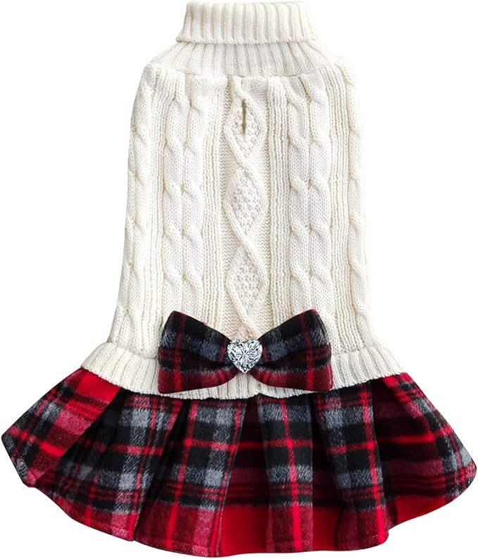 KYEESE Dog Sweater Dress with Leash Hole Plaid with Bowtie Turtleneck Dog Pullover Knitwear Pet S... | Amazon (US)