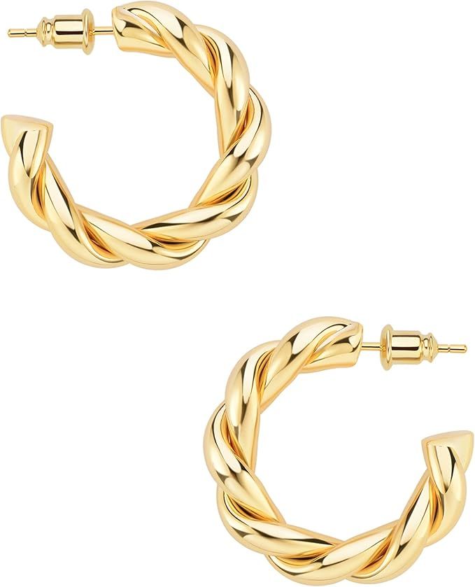 Wowshow Gold Hoop Earrings 14k Gold Plated Twisted Rope Round Chunky Hoop Earrings Gift for Women | Amazon (US)