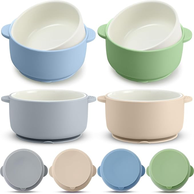 Domensi 4 Sets Kids Porcelain Bowls with Suction Sleeves Toddler Suction Bowl Upgrade Durable Mic... | Amazon (US)
