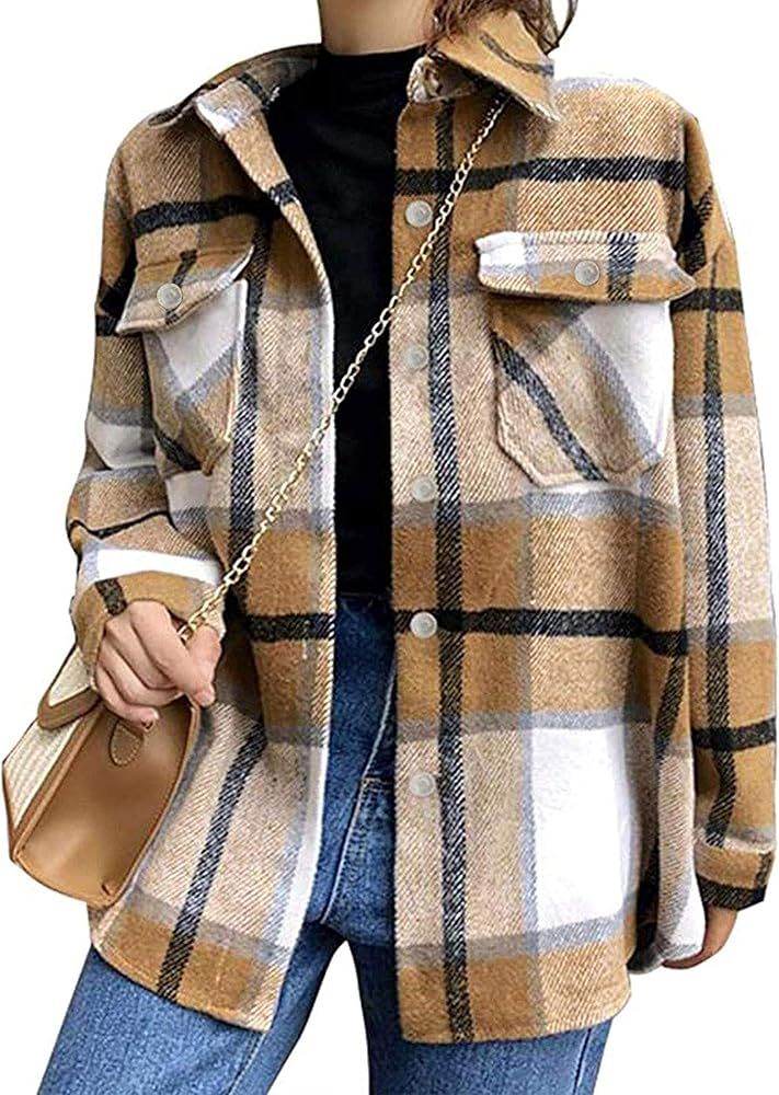 Tanming Womens Wool Blend Plaid Lapel Button Short Pocketed Shacket Shirts Coats（Khaki-S） at ... | Amazon (US)