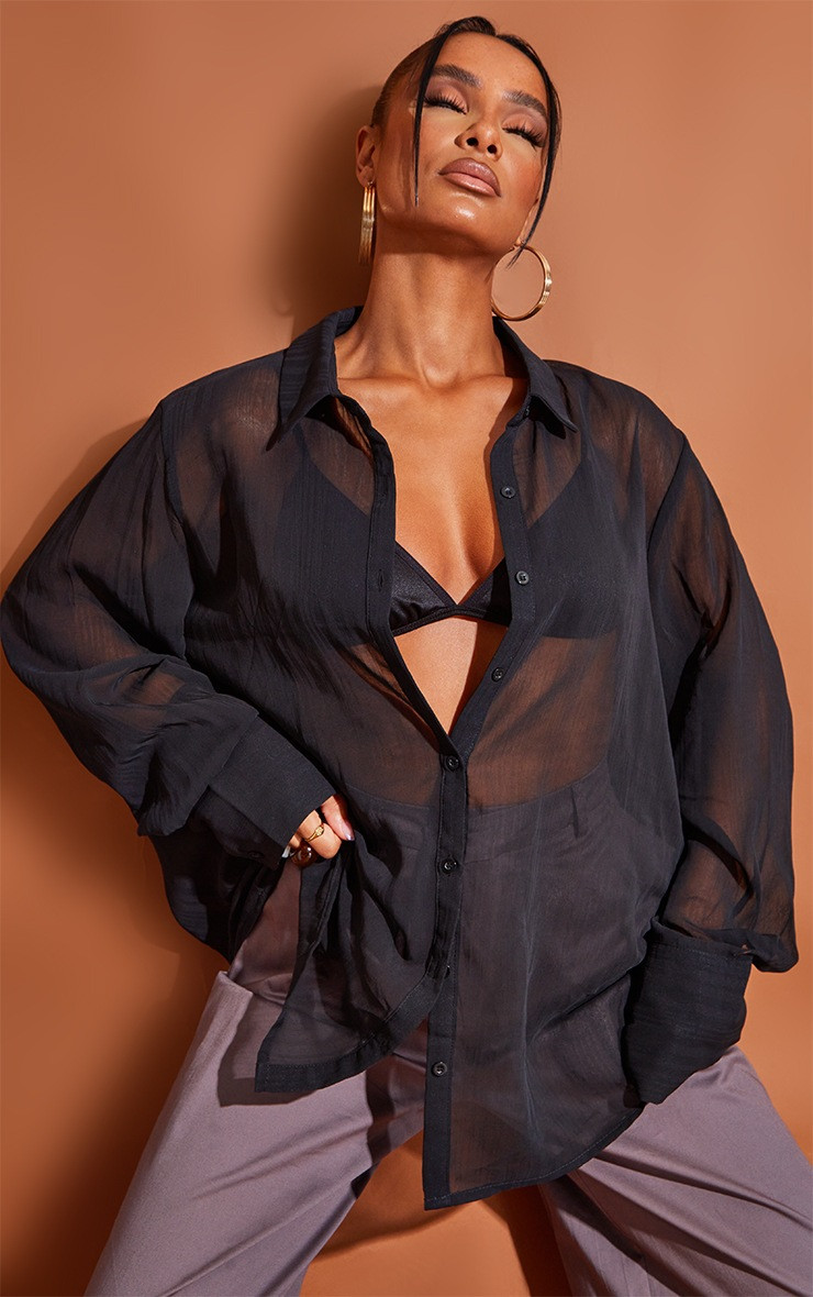 Black Textured Stripe Woven Oversized Shirt | PrettyLittleThing US