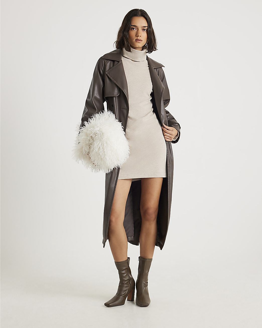 Beige Long Sleeve Cosy High Neck Mini Dress | River Island UK & IE