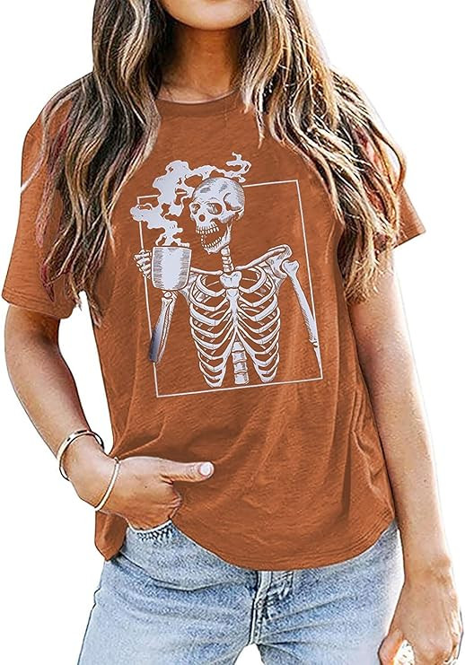 Hot Coffee Skeleton Shirt for Women Halloween Skeleton T-Shirt Funny Fall Skull Graphic Tees Tops... | Amazon (US)