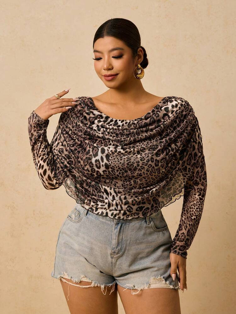 Travachic Plus Size Women Leopard Print Draped Neck Long Sleeve T-Shirt,Pink And Grey,Summer,Classy,Night Out Club Elegant Fitted Stretchy Graphic Patterned Top | SHEIN