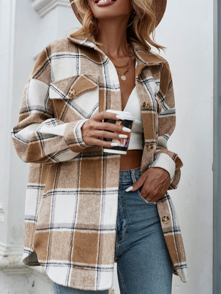 Plaid Flap Pocket Drop Shoulder Coat | SHEIN