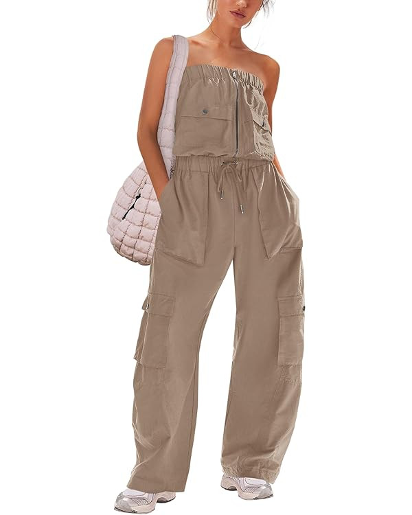 SENSERISE Women Jumpsuit Workout Strapless Jumpsuits Zipper Tube Wide Leg Romper One Piece Fall O... | Amazon (US)