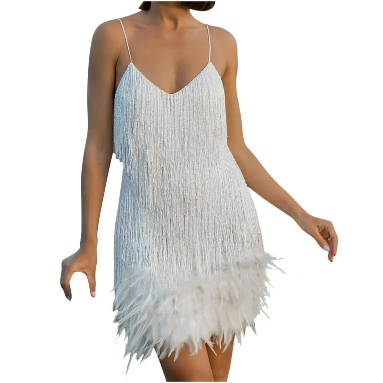 fartey Fringe Dress for Women Sleeveless Strap Mini Dresses Sequin Feather Patchwork Prom Dress E... | Walmart (US)