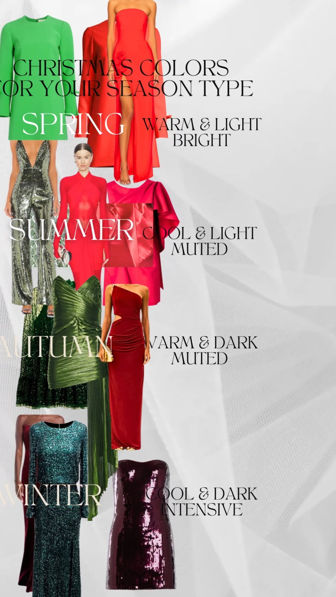 Which Christmas Colors (Red and Green) Suit Your Season according to seasonal color analysis?🎄✨

This is time for festive red and green! But not all shades of these classic Christmas hues suit every seasonal color type as there are cool, warm, light or dark reds and the same with greens! ❗️

Let me break it down red and green in 4 main groups so you can sparkle in harmony with your personal color palette!

SPRING

Fresh and vibrant Springs shine in bright, warm tones. Opt for a clear apple red and a bright grassy green—think cheerful, playful shades with a golden undertone. These bring out your natural warmth and brightness!

SUMMER

Soft and cool Summers glow in muted, cooler hues. Choose a soft cranberry red and a dusty sage green. These elegant shades complement your gentle, refined tones beautifully.

AUTUMN

Rich, warm-toned Autumns dazzle in earthy, golden hues. Go for a deep brick red and a warm olive green. These natural, cozy shades enhance your golden undertones and rich complexion.

WINTER

Bold and high-contrast Winters shine in cool, intense shades. A true, icy red and a deep emerald green are your go-to choices. These vivid, jewel-toned colors make your dramatic palette pop!

✨ Final Tip: Wear these colors near your face in scarves, sweaters, or accessories for the most flattering effect.

Which Christmas shades do you love wearing and which seasonal type do you think suits you best? Comment below! ♥️

#SeasonalColorAnalysis #ChristmasColors #StyleTips #HolidayWardrobe #milliondollarstyle #styledbykatana #styletips #personalbrand #imageconsultant #style #fashionweek #coloranslysis 

#LTKHoliday #LTKParties #LTKSeasonal