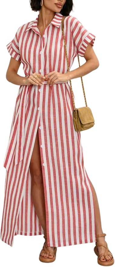 utcoco Women's 2025 Striped Short Sleeve Cotton Maxi Shirt Dress Belted Side Slit Button Down Dre... | Amazon (US)