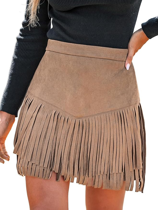 CUPSHE Women Fringe Skirts Western Cowgirl Terra Cotta High Waist Mini Skirt Suede Tassel Short C... | Amazon (US)