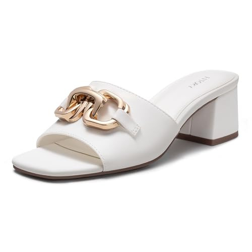 FITORY Womens Low Heel Sandals, Chunky Block Square Open Toe Slides 2026, Metal Chain Slip on Dressy Shoes for Party, Wedding and Daily Wear White Size 7 | Amazon (US)
