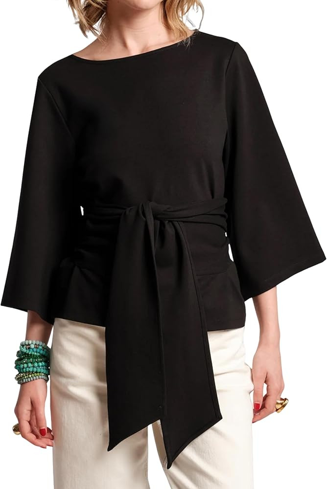 Women's Waist Belted Blouse Crew Neck 3/4 Trumpet Sleeve Casual Tunic Loose Fit Tops | Amazon (US)