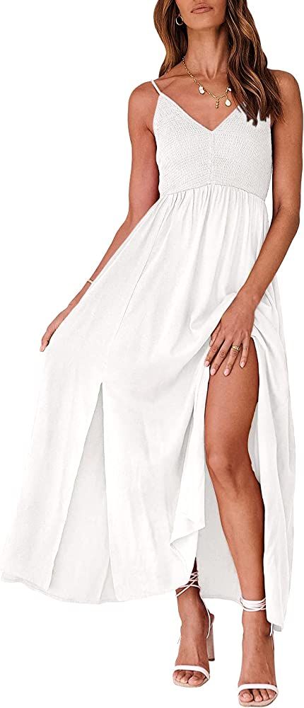 ANRABESS Womens Summer Sleeveless Spaghetti Strap V Neck Smocked Backless Slit Maxi Beach Dress | Amazon (US)