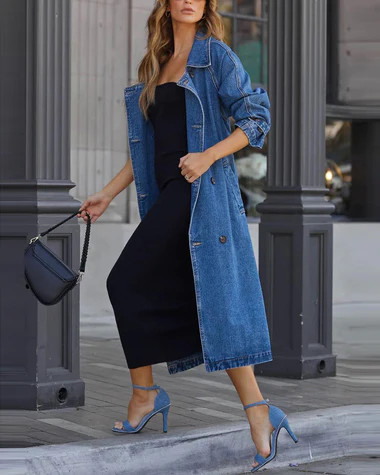 Retro Mid-length Denim Jacket Loose Fit Double-breasted Denim Jacket Windbreaker with Belt | Zeagoo