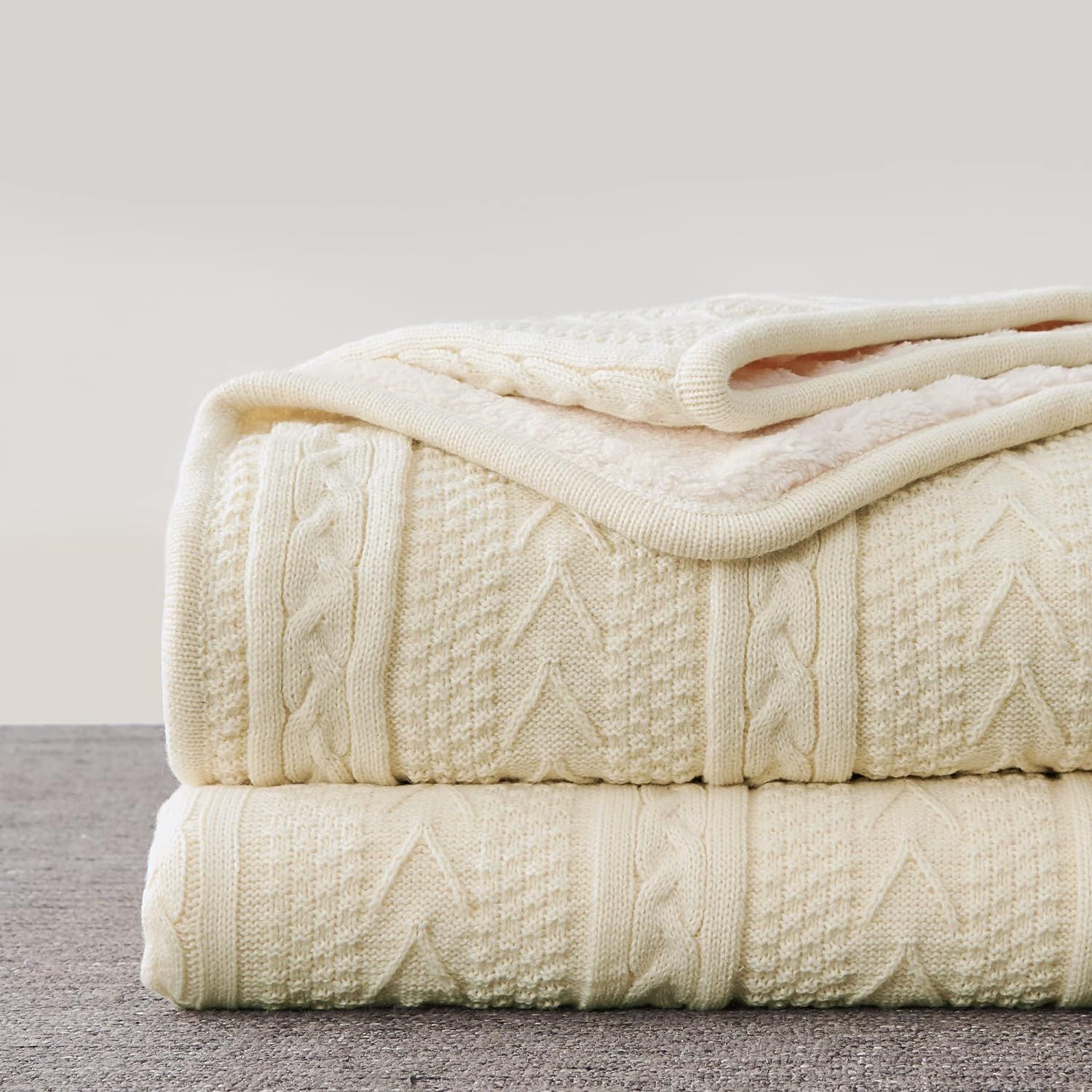 Longhui bedding Cream 50 x 63 Inches Acrylic Cable Knit Sherpa Throw Blanket - Thick, Soft, Big, ... | Amazon (US)