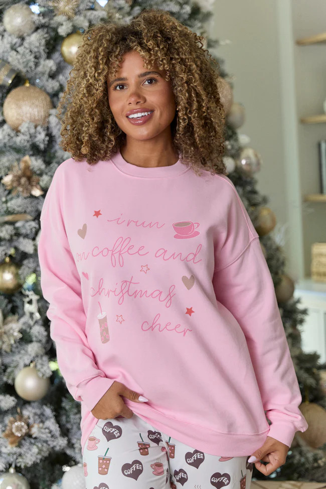 Coffee And Christmas Cheer Light Pink Graphic Sweatshirt | Pink Lily