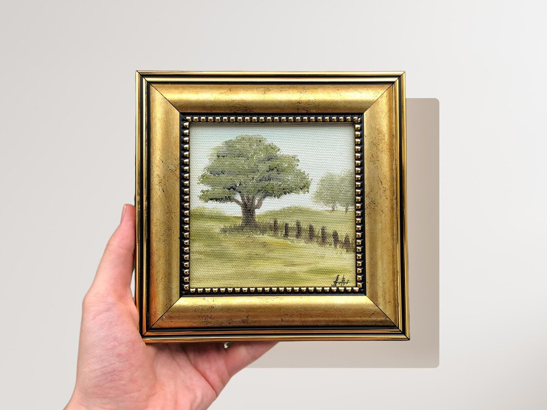 Cozy Rustic Forest Painting, 6x6 Inch Original Signed Framed Art, Forest Landscape in Vintage Gol... | Etsy (US)