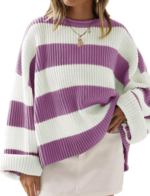 ZESICA Women's 2025 Fall Long Sleeve Oversized Striped Color Block Comfy Loose Crew Neck Knitted ... | Amazon (US)