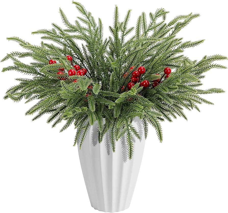 Watayo 45 Pcs Christmas Norfolk Pine Branches with Red Berry Stems, 14" Artificial Greenery Norfo... | Amazon (US)