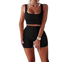 Workout Sets for Women 2 Piece Seamless Ribbed Crop Tank High Waist Shorts Yoga Outfits | Amazon (US)