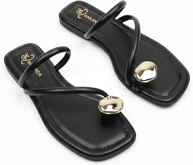 Women'S Strappy Flat Toe Ring Sandals Fashionable Square Open Toe Slip-On Slide Sandals Casual Su... | Amazon (US)