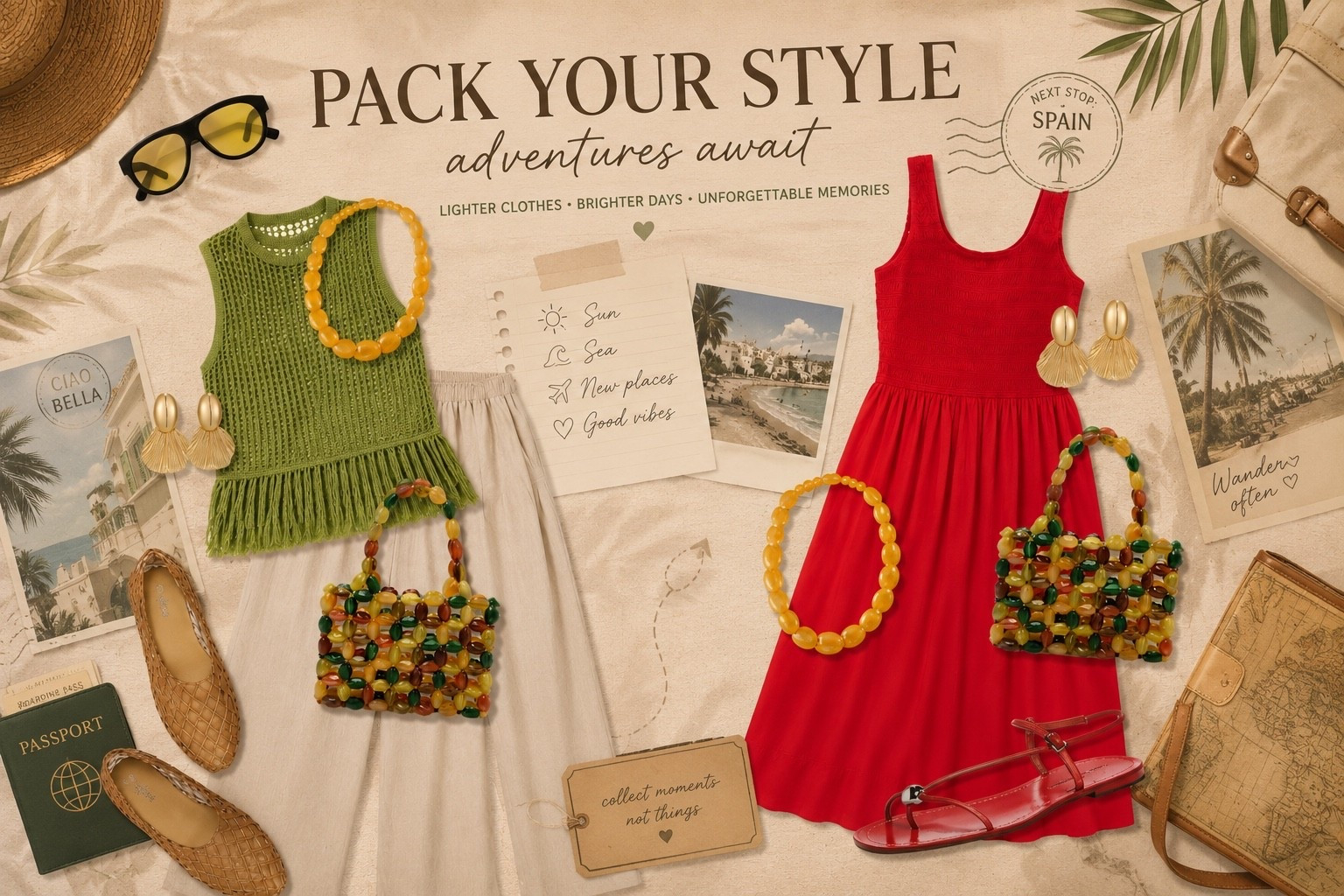 Get ready for your next adventure with these vibrant and stylish essentials. From chic dresses to trendy sunglasses, everything you need to pack your bags. Perfect for bright days and unforgettable memories! #TravelEssentials #SummerFashion #AdventureAwaits