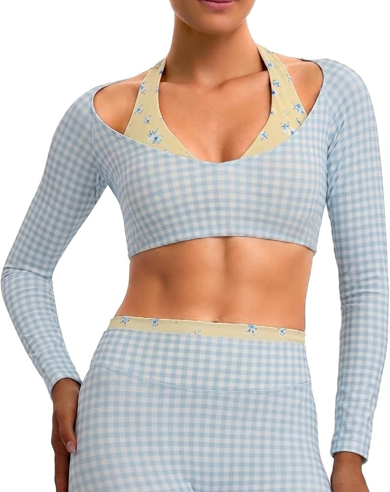 Aoxjox Dual Core Halter Long Sleeve Crop Tops | Amazon (US)