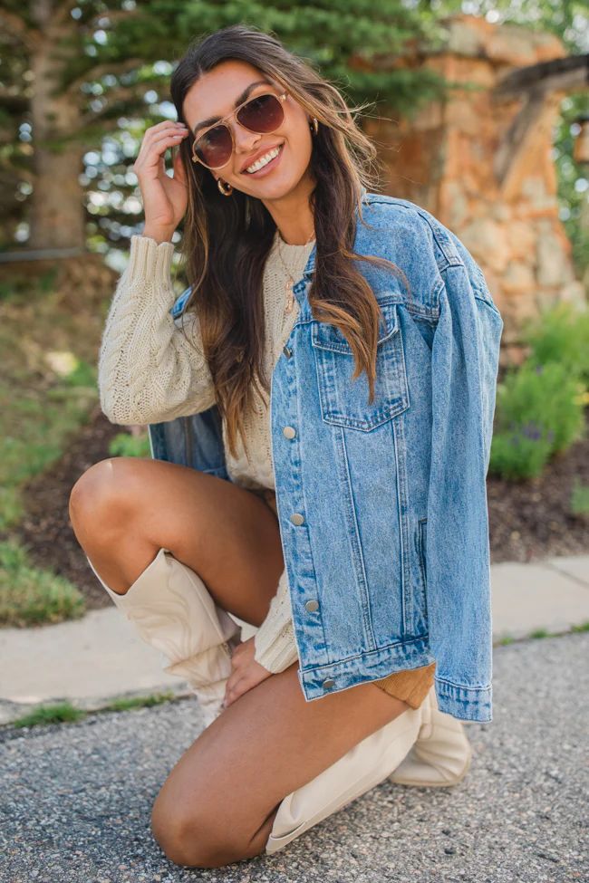 Let's Hear It Medium Wash Boyfriend Denim Jacket | Pink Lily