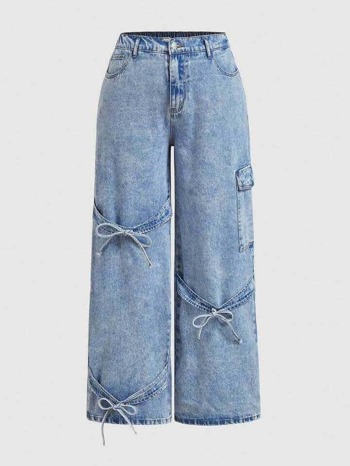 SHEIN MOD Plus Size Blue Loose Straight Leg Boyfriend Jeans Bow Baggy Y2k Women Jeans | SHEIN