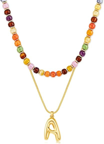 Layered Initial Necklaces for Women, 14K Gold Plated Bubble Letter Pendant Choker with Chunky Ora... | Amazon (US)