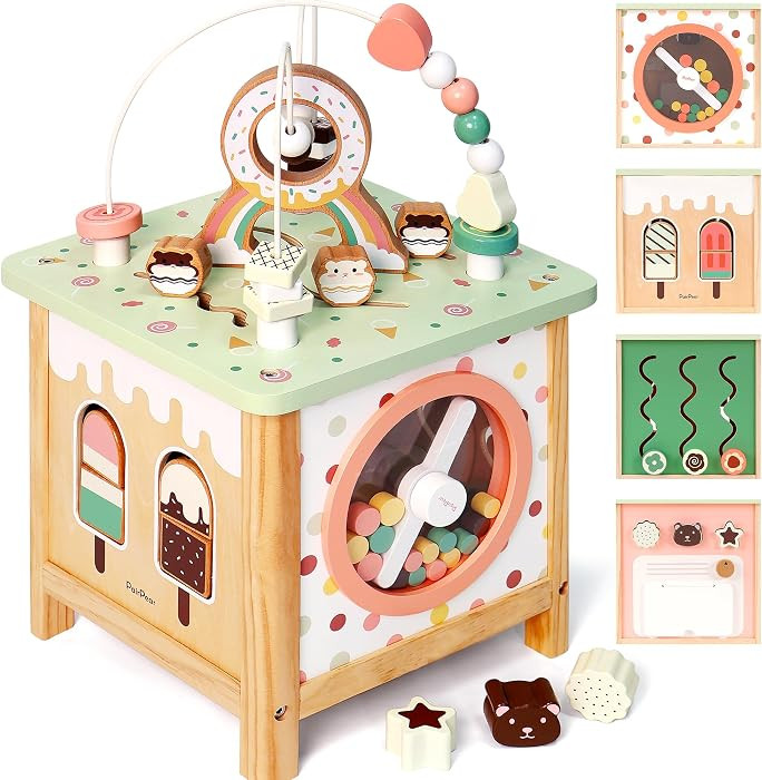 PairPear Wooden Activity Cube Montessori Toys Wooden Play Cube Activity Center Baby Busy Board Mu... | Amazon (US)