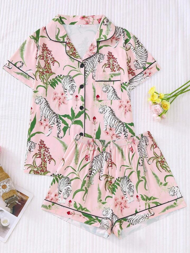 Floral & Tiger Printed Women's Pajama Set, Comfortable Short Sleeve Button-Down Shirt And Loose E... | SHEIN