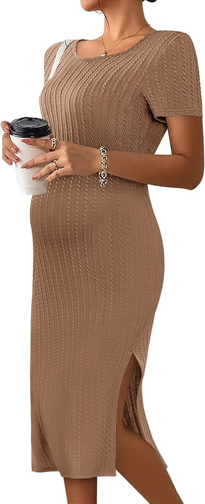 Ekouaer Maternity Dress Rib Knit Short Sleeve Bodycon Dresses Casual Stretchy Pregnancy Clothes S... | Amazon (US)
