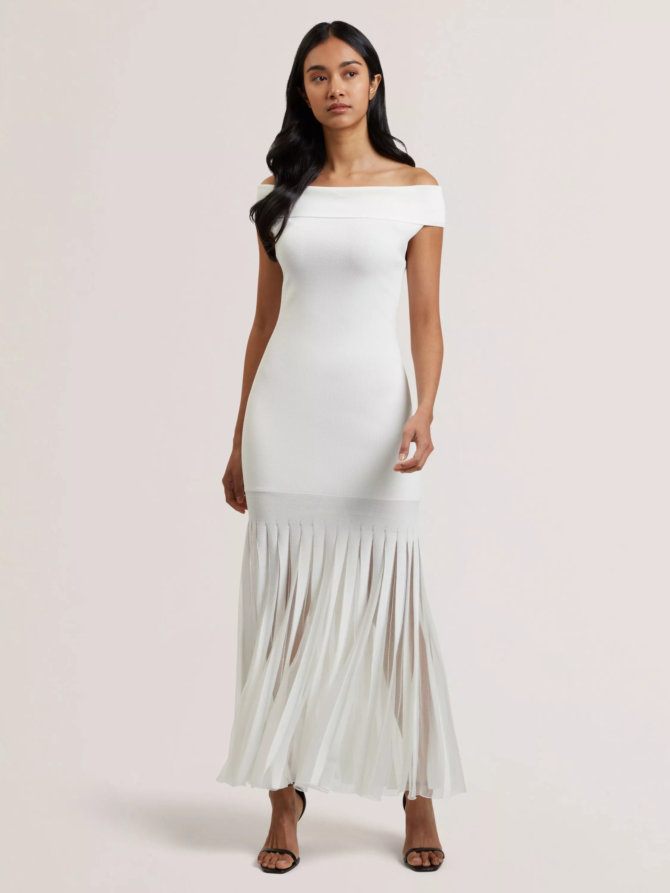 Ted BakerSuannaa Tassel Skirt Bardot Neck Midi Dress, White | John Lewis (UK)
