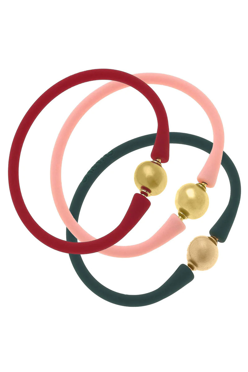 Bali 24K Gold Silicone Bracelet Holiday Stack of 3 in Red, Light Pink | CANVAS