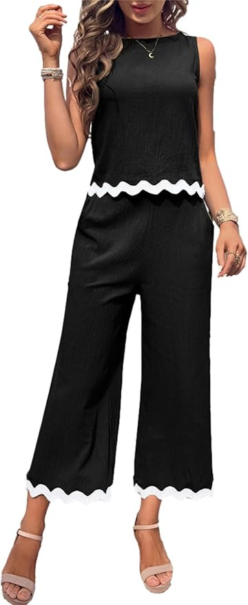 HangNiFang Womens Summer 2 Piece Outfits Sleeveless Cropped Tank Button Back Top Capri Wide Leg P... | Amazon (US)