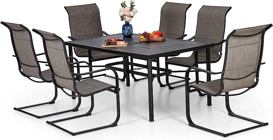 PHI VILLA 7 Piece Outdoor Dining Set for 6, 64" Metal Iron Dining Table with Umbrella Hole & C Sp... | Amazon (US)