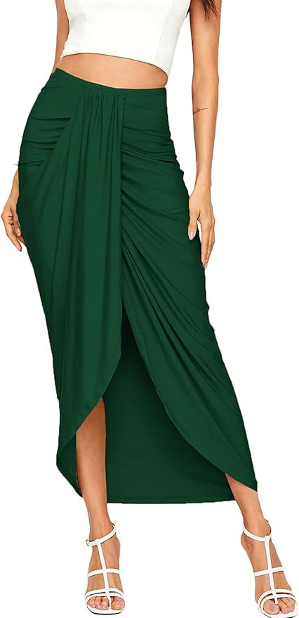 SheIn Women's Casual Slit Wrap Asymmetrical Elastic High Waist Maxi Draped Skirt | Amazon (US)