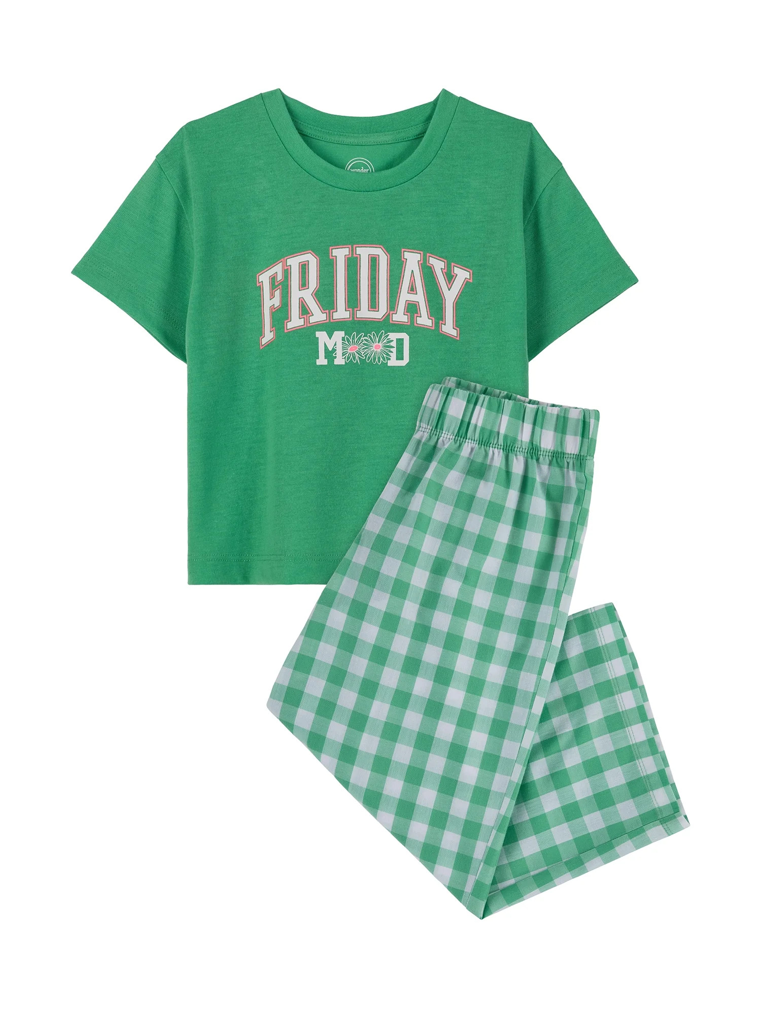 Wonder Nation Girls Short Sleeve Top and Woven Sleep Pant Pajama Set, 2-Piece, Sizes 4-18 | Walmart (US)