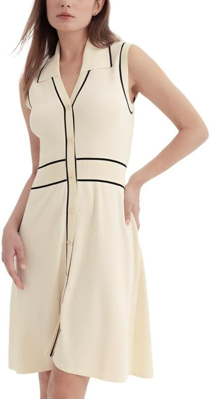 Women Summer Knitted Dress Lapel V Neck Sleeveless Sweater Dress Button Down Casual Mini Dresses | Amazon (US)