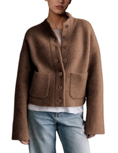 RIATOUR Womens Wool Blend Knit Cardigan Sweater Long Sleeve Button Down Trendy Sweater Jackets Outwear (Coffee-L) | Amazon (US)